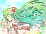  ateru closed_eyes flower green_hair hair_flower hair_ornament hatsune_miku long_hair necktie petals solo upper_body vocaloid wind 