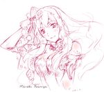  beckoning blush bow breasts cleavage hand_behind_head hand_gesture kamiya_maneki long_hair looking_at_viewer macross macross_frontier medium_breasts monochrome sheryl_nome sketch smile solo 