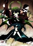  absurdres bad_id bad_pixiv_id bikini_top black_gold_saw black_hair black_rock_shooter black_rock_shooter_(character) blue_eyes boots buriki_neko burning_eye coat dead_master green_eyes highres horns long_hair midriff multiple_girls navel pale_skin red_eyes scar shorts strength_(black_rock_shooter) sword twintails very_long_hair weapon white_hair 