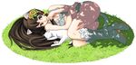  animal_ears bell boots brown_eyes brown_hair cat cat_ears flower hair_flower hair_ornament jingle_bell long_hair looking_at_viewer lying maruta_kentarou on_grass on_ground on_side original shade sitting smile solo tail 