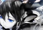  absurdres bangs black_rock_shooter black_rock_shooter_(character) blurry close-up closed_mouth el-zheng face frown hair_between_eyes highres ringed_eyes solo spot_color tears 