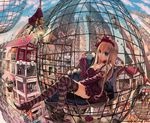  3girls blonde_hair blue_eyes broom broom_riding cage chimney cityscape detached_sleeves fisheye food gothic_lolita hairband john_hathway lamp legs lolita_fashion mole multiple_boys multiple_girls original popsicle ribbon scenery sitting skull striped striped_legwear thighhighs 