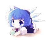  barefoot blue_eyes blue_hair bow chibi cirno drinking drinking_straw hair_bow ice ice_wings lying on_stomach short_hair solo touhou wings yume_shokunin 