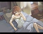  alarm_clock bad_id bad_pixiv_id bed bed_sheet book brown_eyes brown_hair calendar_(object) camisole cellphone clock curtains fresh_precure! hareta letterboxed lying one_eye_closed phone pillow precure sleepy solo strap_slip stuffed_animal stuffed_toy waking_up wince yamabuki_inori 