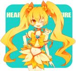  amesawa_mokke aqua_background bad_id bad_pixiv_id blonde_hair boots bow choker copyright_name cure_sunshine flower hair_ribbon heart heartcatch_precure! long_hair magical_girl midriff myoudouin_itsuki navel one_eye_closed orange_bow orange_choker orange_skirt potpourri_(heartcatch_precure!) precure ribbon skirt twintails wrist_cuffs yellow_bow yellow_eyes 