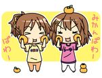  &gt;_&lt; =_= blush_stickers brown_hair chibi closed_eyes food fruit hair_ornament hair_ribbon hairclip hirasawa_ui hirasawa_yui holding holding_food holding_fruit k-on! k10k multiple_girls orange ponytail ribbon 