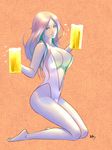  alcohol bad_id bad_pixiv_id barefoot beer breasts cleavage cup kneeling large_breasts long_hair long_legs monochrome mug one-piece_swimsuit original solo swimsuit wakino_keibun 