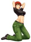  arms_behind_head arms_up belt boots breasts brown_eyes covered_nipples full_body impossible_clothes impossible_shirt kaibutsu_oujo kneeling large_breasts md5_mismatch midriff navel red_hair riza_wildman shirt short_hair simple_background solo st.germain-sal 