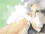  bad_id bad_pixiv_id bow braid closed_eyes covering_mouth grey_hair hair_bow hammer_(sunset_beach) izayoi_sakuya legs maid maid_headdress profile short_hair solo touhou 