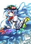  blue_hair food fruit hand_on_headwear hat highres hinanawi_tenshi long_hair mizumiyako peach red_eyes solo touhou 