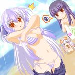  beach bikini black_eyes black_hair bow breast_envy breasts chibi day dutch_angle fujiwara_no_mokou horns houraisan_kaguya kamishirasawa_keine large_breasts long_hair marimo_(artist) multicolored_hair multiple_girls navel purple_hair red_eyes shorts squiggle striped striped_bikini striped_swimsuit swimsuit touhou undressing 