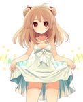  amezawa_koma bad_id bad_pixiv_id bangs bow brown_hair dress dress_lift hair_bow original panties ribbon short_twintails simple_background solo striped striped_panties twintails underwear white_dress 