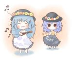  alternate_costume bad_id bad_pixiv_id blue_hair blush chibi closed_eyes contemporary flower hat hinanawi_tenshi instrument jug lei multiple_girls musical_note nagae_iku red_eyes south114 star touhou ukulele 