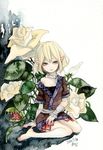  bare_legs barefoot blonde_hair flower mizuhashi_parsee pinkxxxna pointy_ears short_hair solo touhou traditional_media watercolor_(medium) 