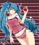  apple aqua_eyes aqua_hair bad_id bad_pixiv_id bow camisole food fruit hair_bow hair_ribbon hatsune_miku highres holding holding_food holding_fruit lingerie long_hair midriff navel panties polka_dot polka_dot_panties ribbon riko_ame romeo_to_cinderella_(vocaloid) solo twintails underwear vocaloid 