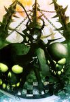  black_rock_shooter chain checkered checkered_floor dead_master dopollsogno green_eyes green_hair highres horns pale_skin perspective ribbon scythe skull solo 