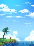  ahoge bad_id bad_pixiv_id brown_hair cloud copyright_request day fishing rock scenery sky totokichi tree water yanagisun 