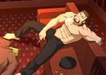  abs bara beard brown_hair cigarette couch epaulettes eyewear_removed facial_hair glasses male_focus muscle radi_jaeger senjou_no_valkyria senjou_no_valkyria_1 shirtless smoking solo zelo-lee 