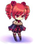  :&lt; amy_sorel bare_shoulders boots byuune chibi child drill_hair floral_print flower full_body gothic_lolita hair_flower hair_ornament lolita_fashion red_eyes red_flower red_hair red_rose rose simple_background solo soulcalibur soulcalibur_iv standing thighhighs 