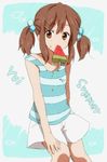  alternate_hairstyle aon0 bad_id bad_pixiv_id brown_eyes brown_hair food fruit hair_ornament hairpin hirasawa_yui k-on! mouth_hold popsicle shorts solo striped summer twintails watermelon watermelon_bar 