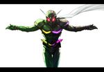  antennae belt black_bodysuit bodysuit glowing glowing_eyes green_bodysuit kamen_rider kamen_rider_double kamen_rider_w letterboxed male_focus nekomamire scarf solo 