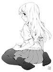  feet greyscale k-on! kotobuki_tsumugi long_hair looking_back monochrome pantyhose school_uniform sitting solo tobi_(daidaikukan) wariza 