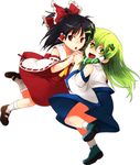  :d :o bad_id bad_pixiv_id bare_shoulders black_hair bow detached_sleeves frog green_eyes green_hair hair_bow hair_ornament hakurei_reimu holding_hands kochiya_sanae long_hair mary_janes multiple_girls open_mouth red_eyes rex_k shoes skirt smile snake socks touhou younger 