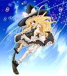  1girl apron bad_id bad_pixiv_id blonde_hair bloomers broom broom_surfing hat highres kirisame_marisa m-y-w mary_janes shoes socks solo star touhou underwear witch_hat yellow_eyes 