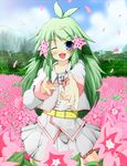  ahoge belt blue_eyes blush fang flower gen_4_pokemon green_hair hair_flower hair_ornament long_hair one_eye_closed open_mouth personification pokemon rakkogawa_rinro shaymin skirt smile solo 