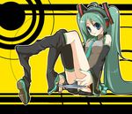  ahoge blue_eyes boots detached_sleeves green_hair hatsune_miku long_hair necktie panties pantyshot pantyshot_(sitting) shoe_dangle sitting skirt smile solo striped striped_panties tanba_anko thigh_boots thighhighs twintails underwear undressing very_long_hair vocaloid 