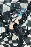 arm_cannon bad_id bad_pixiv_id bikini_top black_hair black_rock_shooter black_rock_shooter_(character) blue_eyes boots burning_eye chain checkered checkered_background checkered_floor coat highres iro_marimo knee_boots long_hair midriff navel pale_skin perspective scar shorts solo sword twintails weapon 