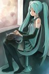  aqua_hair boots cat detached_sleeves hatsune_miku long_hair necktie sitting skirt solo thigh_boots thighhighs twintails vocaloid zrero 