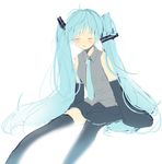  aqua_hair bad_id bad_pixiv_id blush closed_eyes detached_sleeves hatsune_miku long_hair long_sleeves necktie simple_background sitting skirt solo thighhighs twintails very_long_hair vocaloid yoshioka_mitsuko zettai_ryouiki 