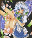  ascot bad_id bad_pixiv_id bare_legs blue_eyes blush braid flower hammer_(sunset_beach) izayoi_sakuya legs legs_up maid maid_headdress marker_(medium) petals shikishi short_hair silver_hair solo touhou traditional_media twin_braids 