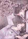  black_hair braid cherry_blossoms multiple_girls original petals school_uniform serafuku traditional_media watercolor_(medium) yana_kotta yuri 