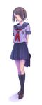  arms_behind_back bag brown_hair full_body hisakata_souji kneehighs loafers original pleated_skirt red_eyes school_bag school_uniform serafuku shadow shoes simple_background skirt smile socks solo standing 