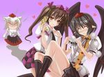  ^_^ angry animal_ears bad_id bad_pixiv_id black_hair black_legwear black_wings brown_hair closed_eyes detached_sleeves hat heart highres himekaidou_hatate inubashiri_momiji jealous kneehighs long_hair marionette_(excle) multiple_girls necktie pointy_ears raised_eyebrow red_eyes shameimaru_aya short_hair short_sleeves socks tokin_hat touhou twintails white_hair wings wolf_ears 