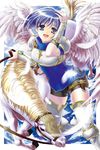  angel animal armor armored_dress barding blue_eyes blue_hair fire_emblem fire_emblem:_monshou_no_nazo headband horse izumi_(sachikara) jewelry katua knife open_mouth pegasus pegasus_knight reins short_hair short_shorts shorts smile solo thighhighs wings 