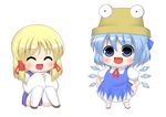  bad_id bad_pixiv_id blonde_hair blue_eyes blue_hair chibi cirno fang hat kyokutou_hentai_samurai moriya_suwako multiple_girls thighhighs touhou white_legwear wings 