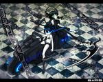  bad_id bad_pixiv_id bikini_top black_hair black_rock_shooter black_rock_shooter_(character) blue_eyes boots burning_eye chain dead_master glowing glowing_eyes green_eyes ground_vehicle highres long_hair midriff motor_vehicle motorcycle multiple_girls navel nikerabi pale_skin scar scythe shorts smile sword twintails weapon 