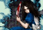  alice:_madness_returns alice_(wonderland) alice_in_wonderland apron black_hair blood bow brown_hair dress genk gothic green_eyes knife lips lipstick long_hair looking_back makeup pale_skin skull solo 