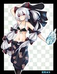  absurdres alternate_costume bikini_top black_rock_shooter black_rock_shooter_(character) black_rock_shooter_(character)_(cosplay) bow cosplay fire fujiwara_no_mokou haikichi hair_bow hair_ribbon highres long_hair multi-tied_hair pants red_eyes ribbon silver_hair solo suspenders touhou 