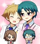  1girl 2boys baka_to_test_to_shoukanjuu blush chibi closed_eyes green_hair imagining kinoshita_yuuko komeko5 kubo_toshimitsu multiple_boys school_uniform short_hair smile yoshii_akihisa 