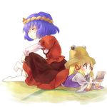  blonde_hair blue_hair closed_eyes handheld_game_console hat lying mafuyu_hemp moriya_suwako multiple_girls nintendo_ds on_stomach playing_games short_hair sitting touhou yasaka_kanako 