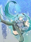  aqua_eyes aqua_hair bad_id bad_pixiv_id boots detached_sleeves hatsune_miku headset k.y_ko long_hair necktie open_mouth panties pantyshot skirt smile solo striped striped_panties thigh_boots thighhighs twintails underwear very_long_hair vocaloid 