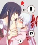  !? 1boy 1girl ? bad_id bad_pixiv_id blush embarrassed eye_contact fujiwara_no_mokou genderswap genderswap_(ftm) hair_ribbon hands heart hetero holding houraisan_kaguya looking_at_another nervous ribbon smile sweatdrop touhou wako_(level5) wrist_grab 