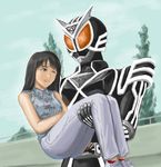  ;d black_hair bodysuit carrying fir_tree head_tilt helmet kamen_rider kamen_rider_555 kamen_rider_delta kimura_saya long_hair one_eye_closed open_mouth princess_carry smile stmk64 tree 