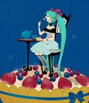  aqua_hair bad_id bad_pixiv_id bare_shoulders berries blueberry bow bracelet chair choker closed_eyes cup detached_sleeves dress eating food fruit hatsune_miku high_heels in_food jewelry l_hakase long_hair open_mouth oversized_object raspberry shoes sitting solo strawberry sweets table tart_(food) teacup teapot thighhighs twintails very_long_hair vocaloid zettai_ryouiki 
