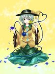  bad_id bad_pixiv_id blue_flower blue_rose flower green_eyes hat highres komeiji_koishi mizumiyako petals rose rose_petals solo touhou yellow_flower yellow_rose 