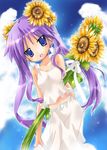  bare_shoulders blue_eyes casual cloud collarbone day flower hair_flower hair_ornament highres hiiragi_kagami long_hair lucky_star midriff nyanmilla purple_hair sky smile solo sunflower sunlight tsurime twintails 